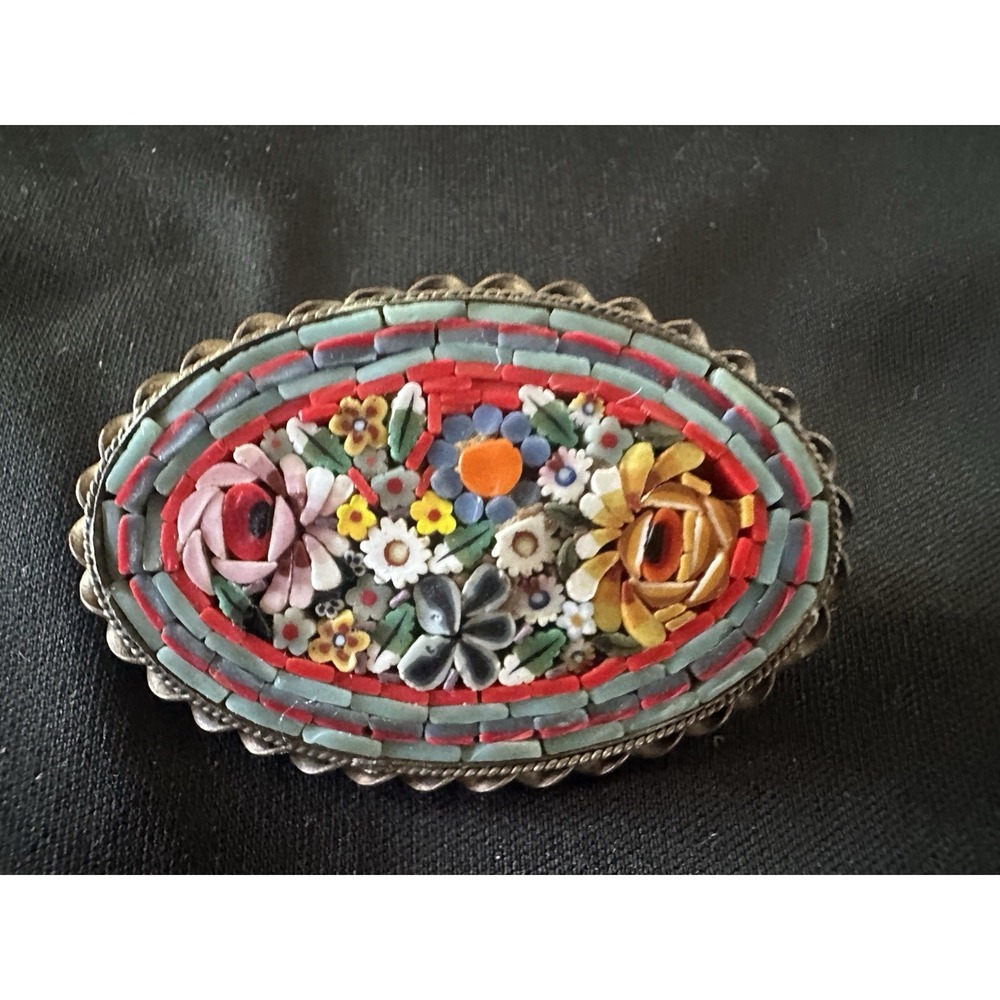 Brooch Italian Micro Mosaic Vintage Floral Multicolor Oval C Clasp Metal Frame